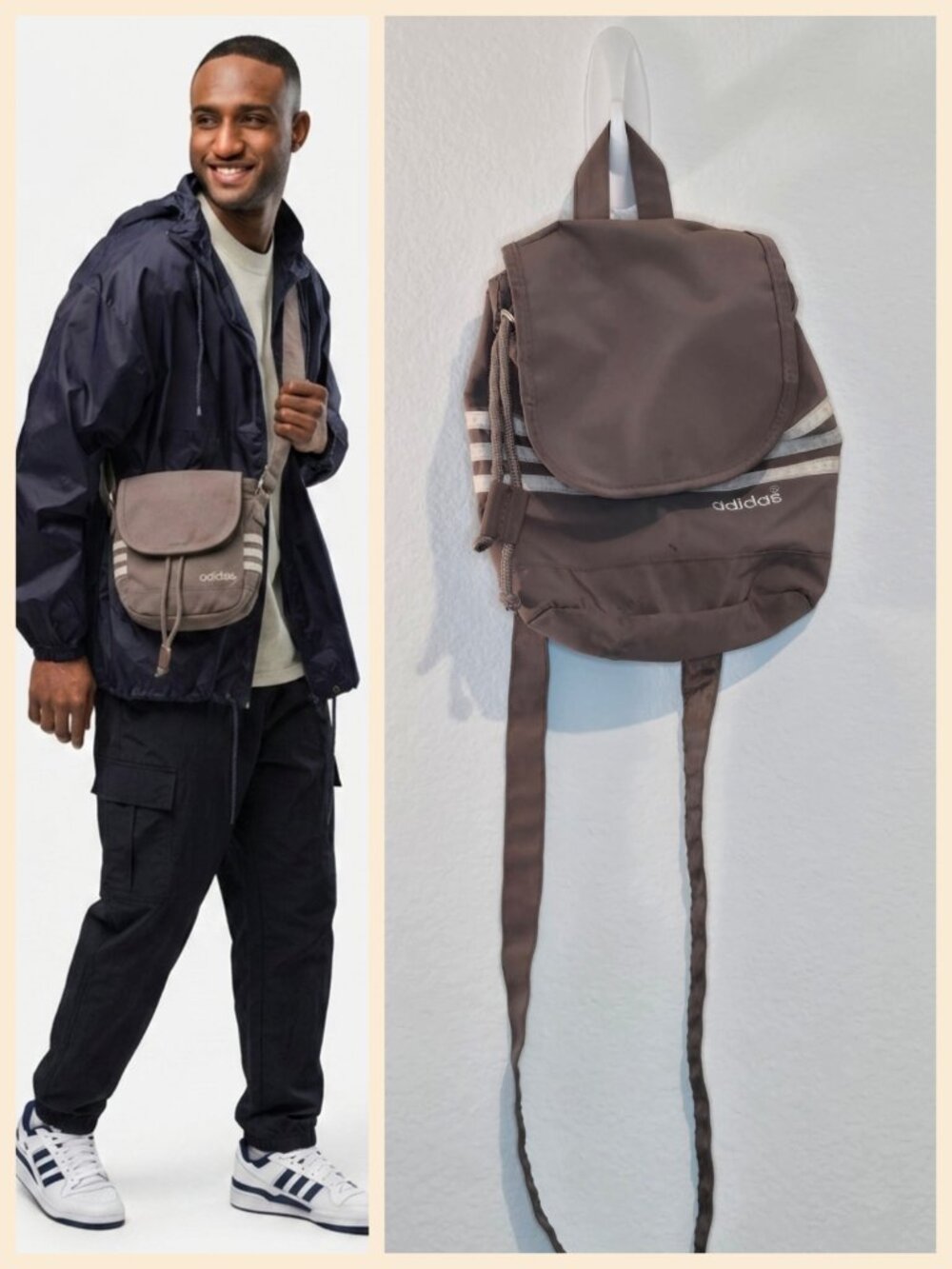 Adidas Vintage Shoulder bag Mini backpack satchel Tan Khaki Light Brown Used